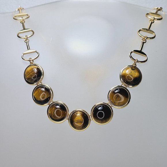 TALBOTS Tigers Eye Gold Tone Statement Necklace Semi Precious Stone - Picture 5 of 8